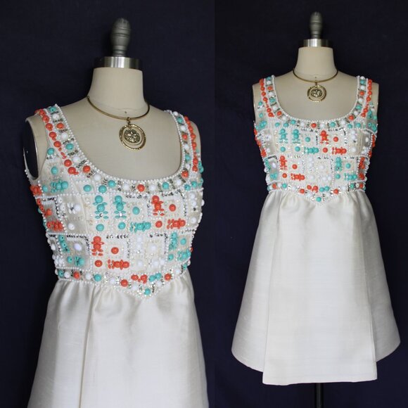 Gino Charles Cream Silk Embellished beaded mod jackie O dress Oscar de la Renta - Picture 1 of 12